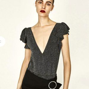 NWT Zara Deep V-Neck Ruffle Black Silver Metallic Bodysuit. size M